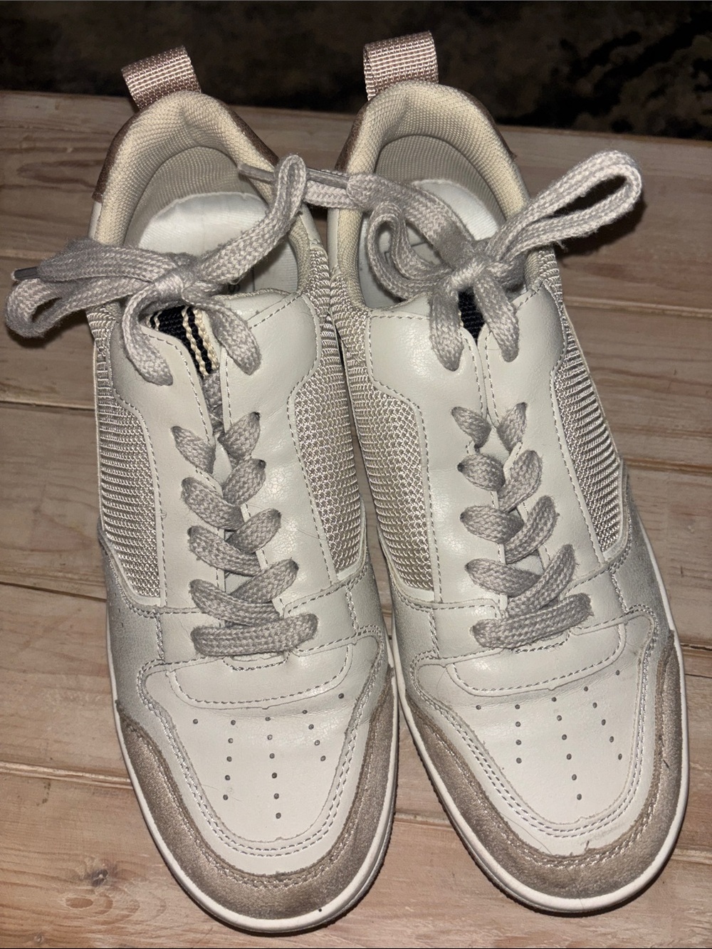 Shushop women's Casual White and Light Taupe Lace-Up Sneakers